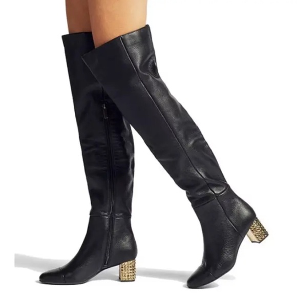 Kurt Geiger Mayfair black leather over the knee heel boots rhinestone gold shoe - Picture 1 of 12